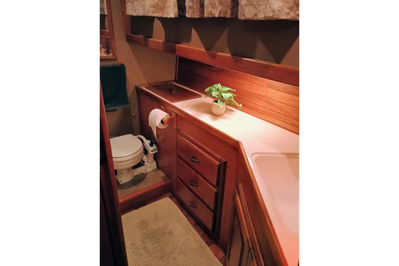 Slide: The Image of 1978 Californian LRC bathroom with wooden cabinetry, toilet, and potted plant. - 31