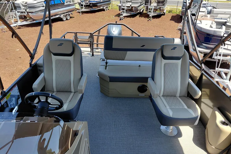 Slide: The Image of Luxurious interior of 2026 Starcraft EXS 3 Q DH pontoon boat with plush seating. - 37