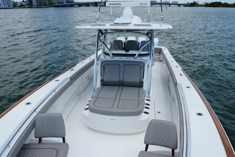 Slide: The Image of 2022 Valhalla Boatworks V-41 on water, featuring sleek design and comfortable seating. - 26