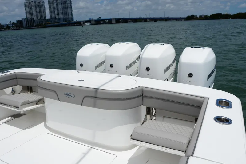 Slide: The Image of 2022 Valhalla Boatworks V-41 with four Mercury engines on the water. - 50