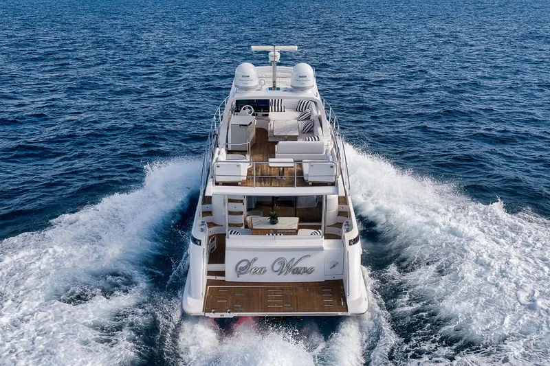 Slide: The Image of 2019 Azimut 55 yacht cruising on open sea, rear view. - 15