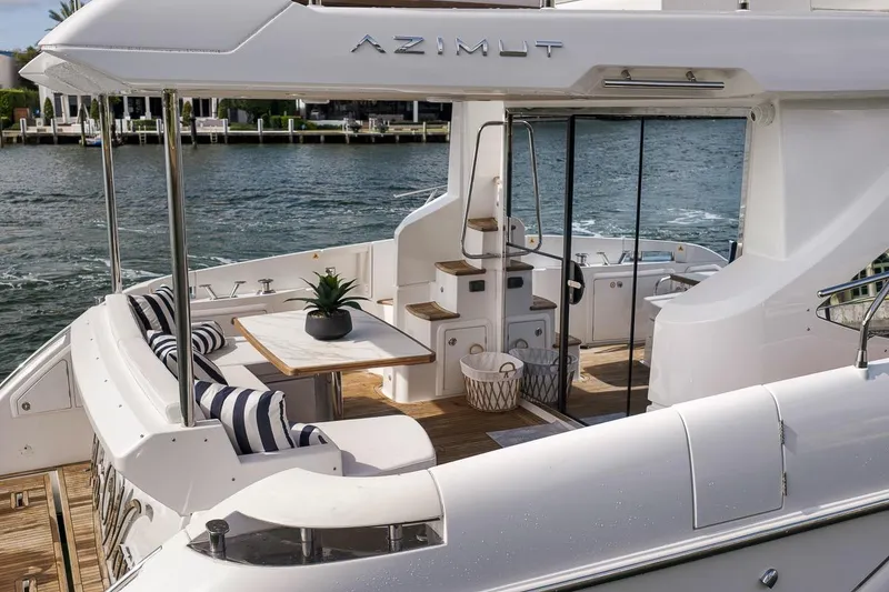 Slide: The Image of Luxurious 2019 Azimut 55 yacht with elegant outdoor seating and stylish design. - 28