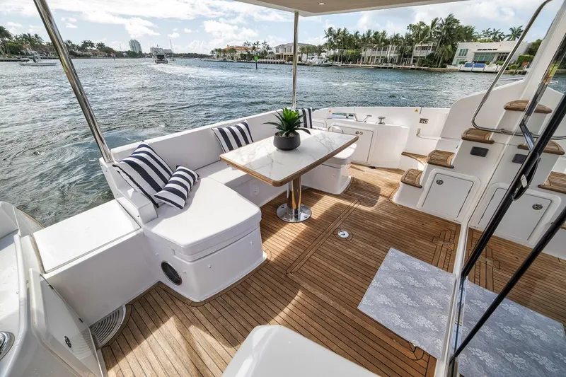 Slide: The Image of Luxurious 2019 Azimut 55 yacht deck with elegant seating and scenic waterfront view. - 71