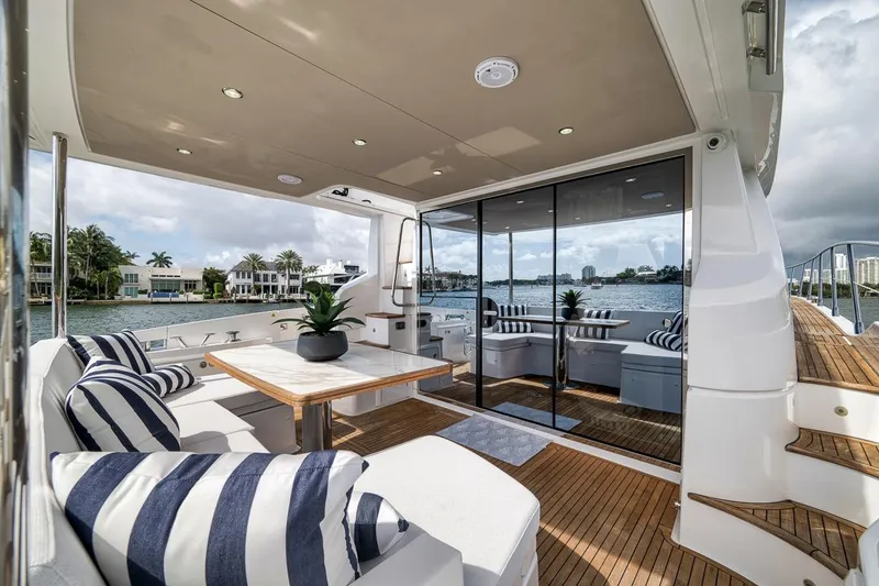 Slide: The Image of Luxurious 2019 Azimut 55 yacht deck with elegant seating and waterfront view. - 75