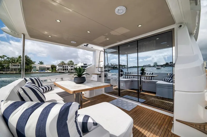 Slide: The Image of Luxurious 2019 Azimut 55 yacht deck with elegant seating and waterfront view. - 76