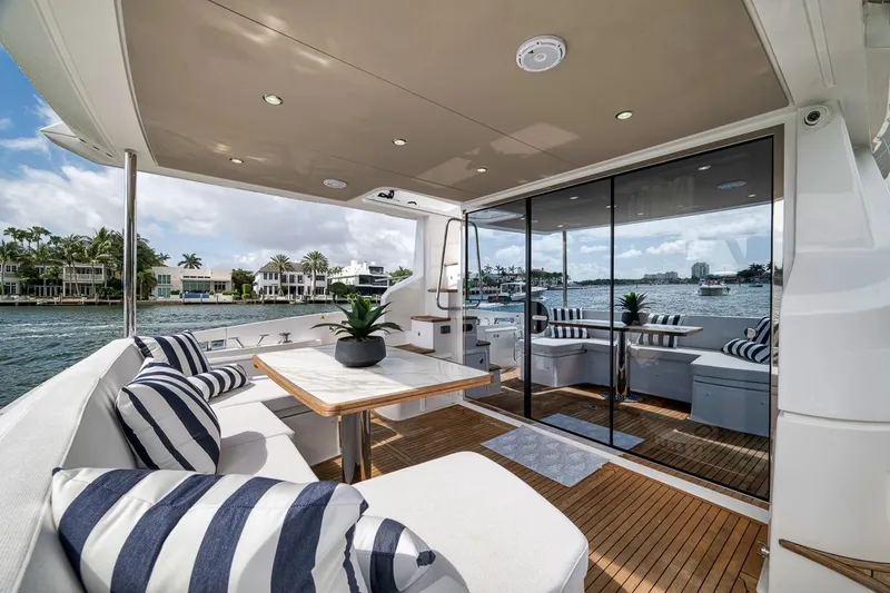 Slide: The Image of Luxurious 2019 Azimut 55 yacht deck with elegant seating and waterfront view. - 77