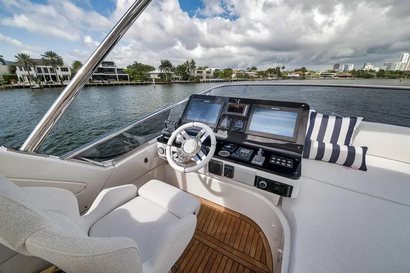 Slide: The Image of Cockpit of 2019 Azimut 55 yacht with modern controls and waterfront view. - 78