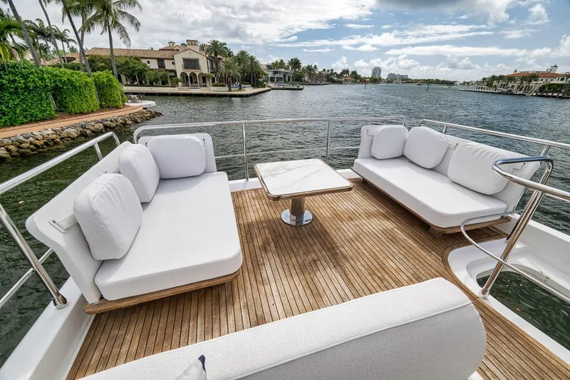 Slide: The Image of Luxurious 2019 Azimut 55 yacht deck with elegant seating and scenic waterfront view. - 88
