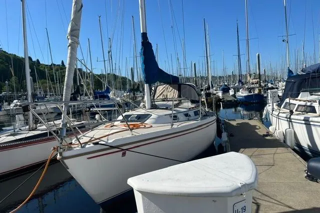 The Image of 1988 Catalina 30 sailboat docked in a marina, surrounded by other boats under a clear blue sky. - 1