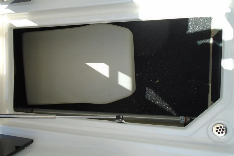 Slide: The Image of Storage compartment in 2022 Regal LX6 boat, featuring a cushioned lid and hydraulic support. - 13