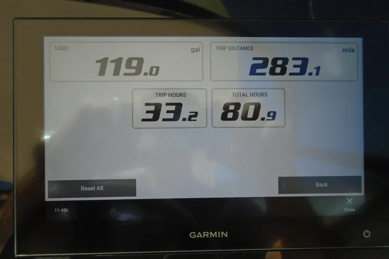 Slide: The Image of Garmin display showing fuel usage, trip distance, and hours for 2022 Regal LX6. - 19