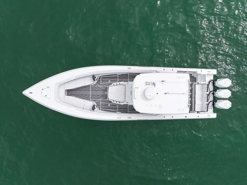Slide: The Image of Aerial view of 2023 Fountain 38 CC boat on water. - 12