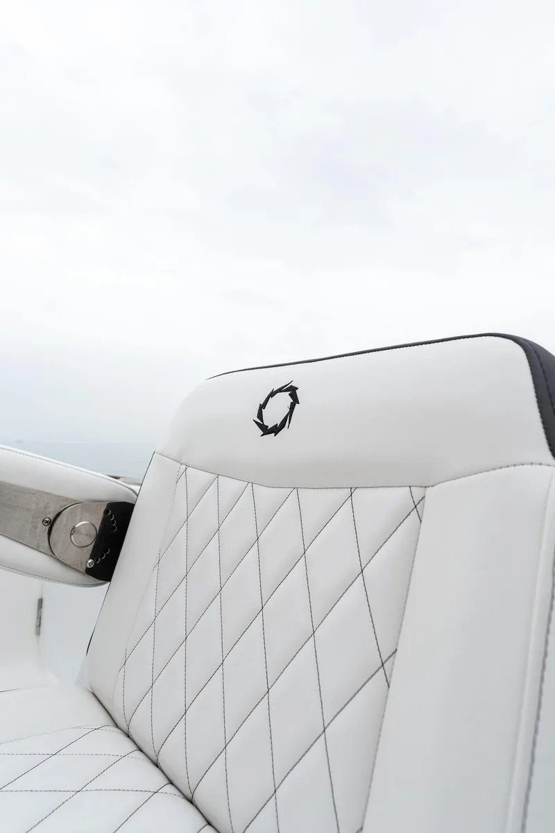 Slide: The Image of 2023 Fountain 38 CC boat with white diamond-stitched seating. - 24