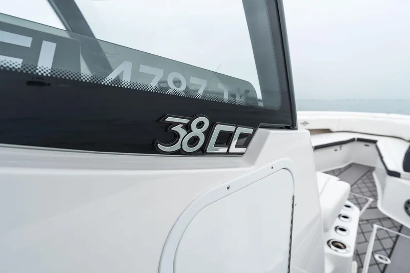 Slide: The Image of 2023 Fountain 38 CC boat close-up, showcasing model name and sleek design. - 31