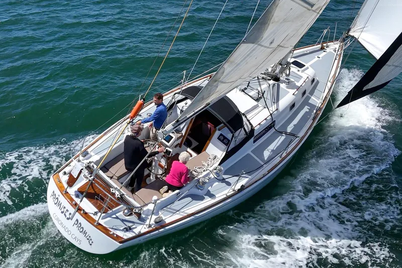 Slide: The Image of 1970 Morgan 42 MKI sailboat cruising on open water with passengers onboard. - 10