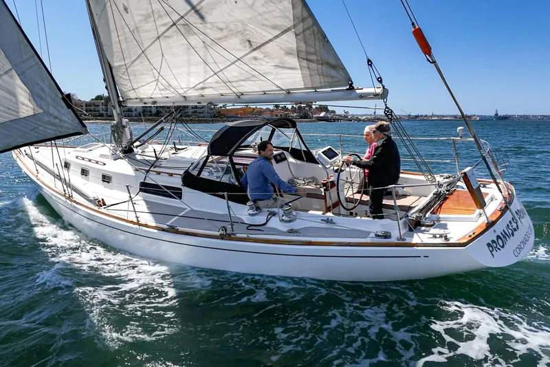 Slide: The Image of 1970 Morgan 42 MKI sailboat cruising on open water under clear blue skies. - 14