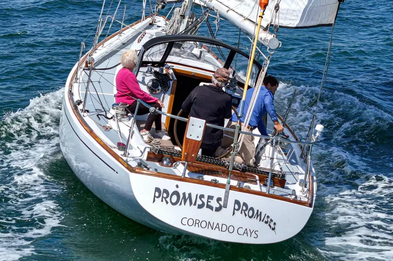 Slide: The Image of 1970 Morgan 42 MKI sailboat "Promises Promises" cruising on open water. - 16