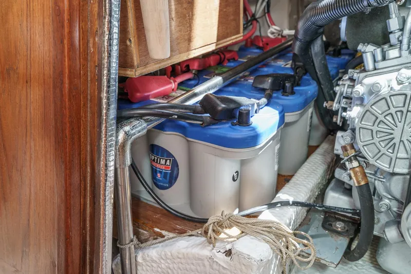 Slide: The Image of Engine compartment of a 1970 Morgan 42 MKI sailboat with Optima batteries. - 74