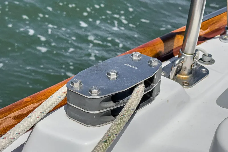 Slide: The Image of Close-up of a 1970 Morgan 42 MKI sailboat deck with rigging details. - 83