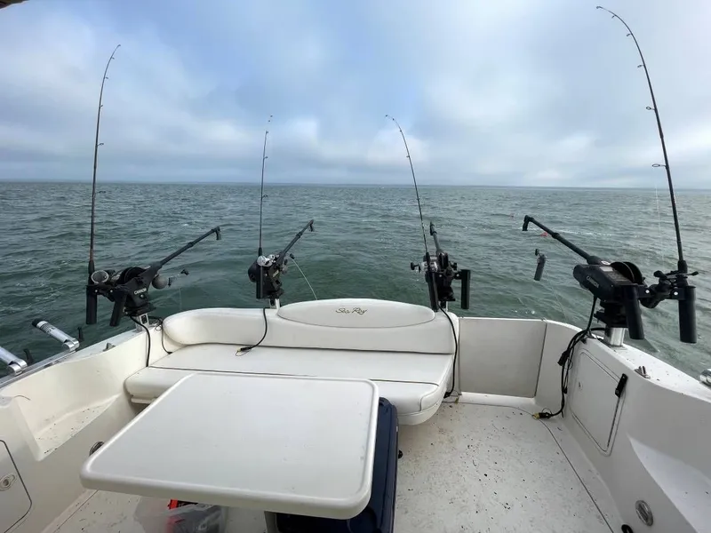 Slide: The Image of 1999 Sea Ray 340 Sundancer with fishing rods on open sea. - 3