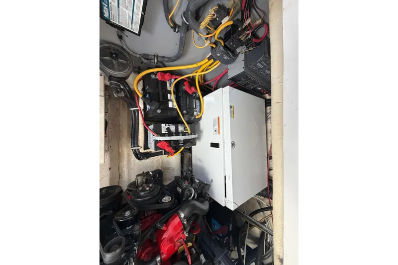 Slide: The Image of Engine compartment of a 2007 Monterey 330 Sport Yacht with wiring and components. - 39