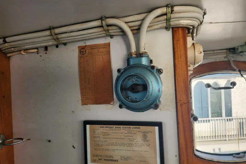 Slide: The Image of Vintage Stord Verft 60 interior with electrical panel and ship license, 1960. - 100