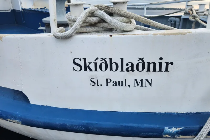 Slide: The Image of White and blue boat named "Skíðblaðnir" from St. Paul, MN, built by Stord Verft in 1960. - 3