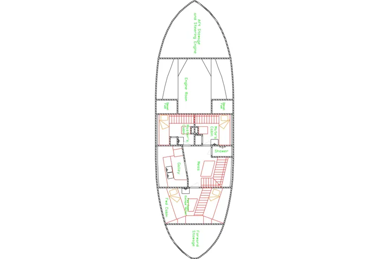 Slide: The Image of Floor plan of a 1960 Stord Verft 60 boat, featuring cabins, galley, and engine room. - 92