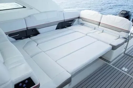 Slide: The Image of 2019 Formula 430 Super Sport Crossover yacht with luxurious white seating. - 13