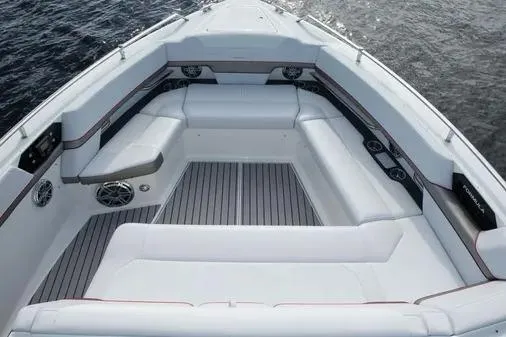 Slide: The Image of 2019 Formula 430 Super Sport Crossover boat interior with spacious seating and sleek design. - 9