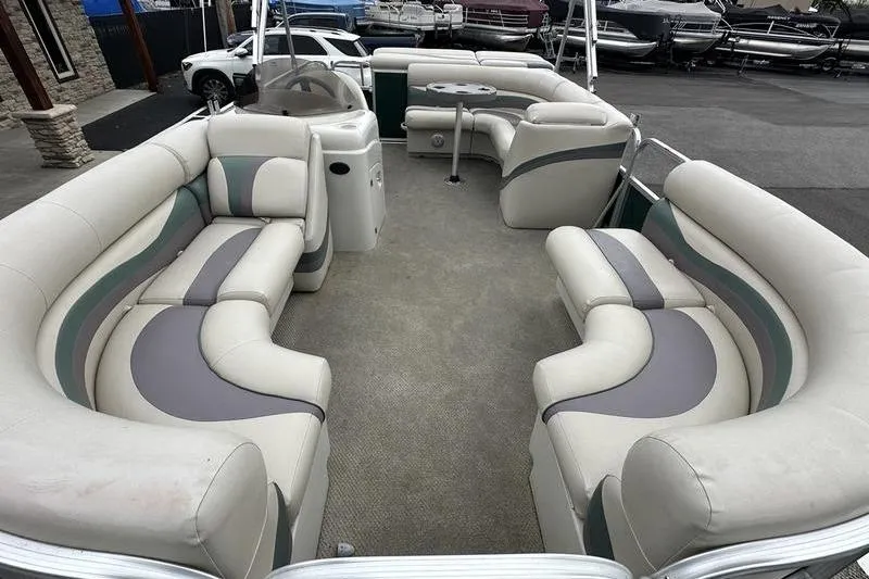 Slide: The Image of 2011 South Bay 420 CR pontoon boat with spacious seating and modern design. - 8