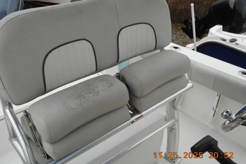 Slide: The Image of 2021 Sea Fox 228 Commander boat seating with gray upholstery and stainless steel frame. - 8