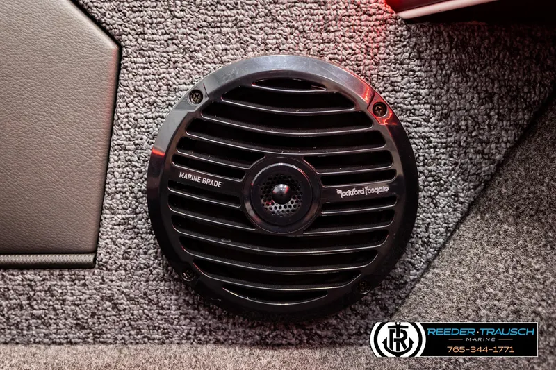 Slide: The Image of Marine-grade speaker in 2026 Lund 1875 Crossover XS boat interior, featuring Rockford Fosgate branding. - 49