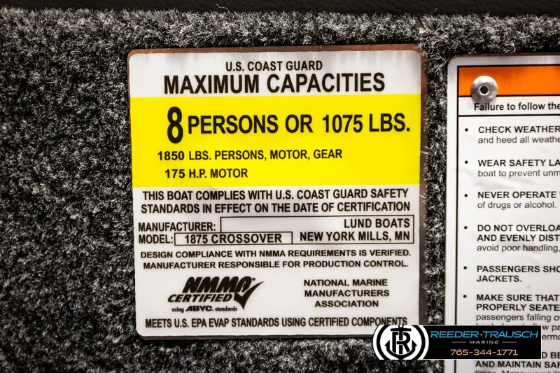 Slide: The Image of 2026 Lund 1875 Crossover XS boat capacity label, 8 persons or 1075 lbs, 175 HP motor. - 65