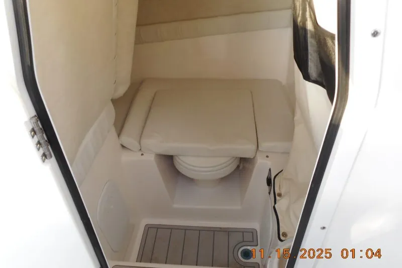 Slide: The Image of Interior view of 2026 Sea Fox 248 Side Console boat cabin with cushioned seating. - 10