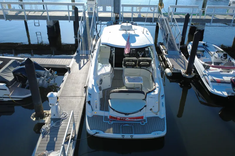 Slide: The Image of 2018 Monterey 355 Sport Yacht docked at marina, aerial view. - 10
