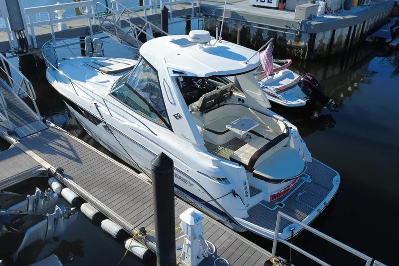 Slide: The Image of 2018 Monterey 355 Sport Yacht docked at marina, aerial view. - 12
