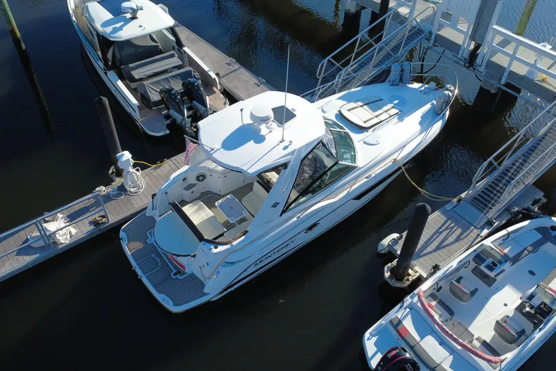 Slide: The Image of 2018 Monterey 355 Sport Yacht docked at marina, aerial view. - 6