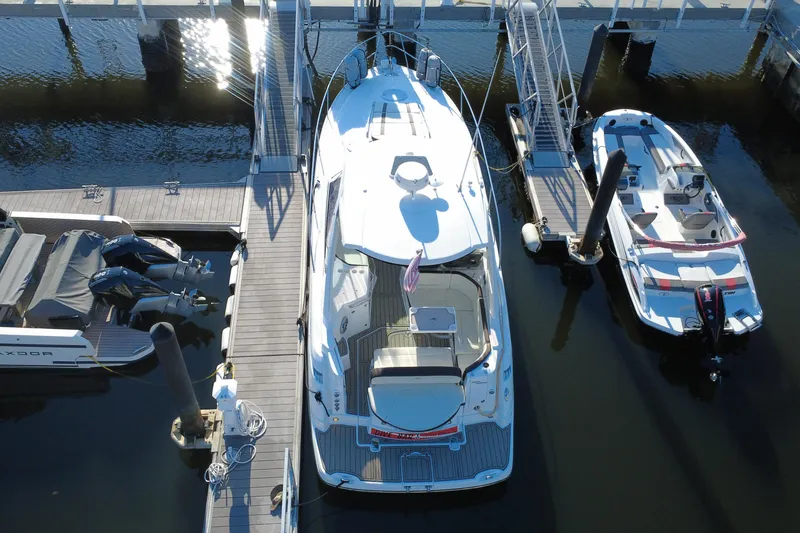 Slide: The Image of Aerial view of 2018 Monterey 355 Sport Yacht docked at marina. - 9