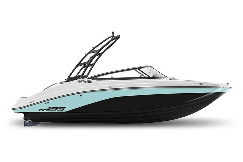 Slide: The Image of Manufacturer Provided Image: 2026 Yamaha Boats AR195, sleek design, black and white hull, modern wakeboard tower. - 27