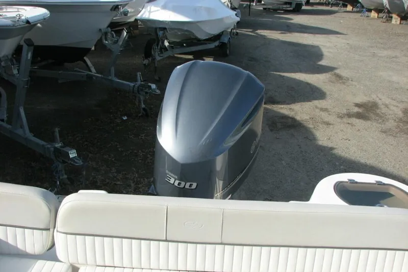 Slide: The Image of 2020 Sea Fox 249 Avenger boat with Yamaha 300 outboard motor in a storage yard. - 3