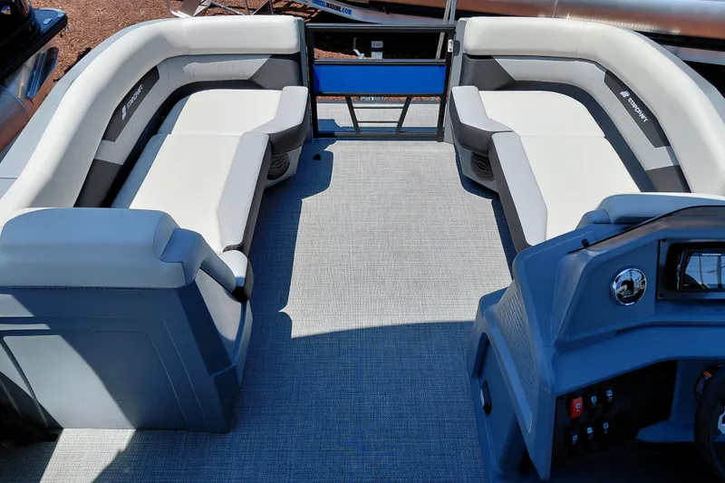 Slide: The Image of 2026 Starcraft VX 22 R DH pontoon boat interior with spacious seating and modern dashboard. - 17