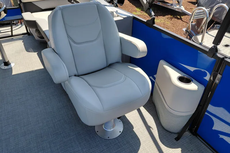 Slide: The Image of Luxurious seating on 2026 Starcraft VX 22 R DH pontoon boat, featuring plush gray upholstery. - 28