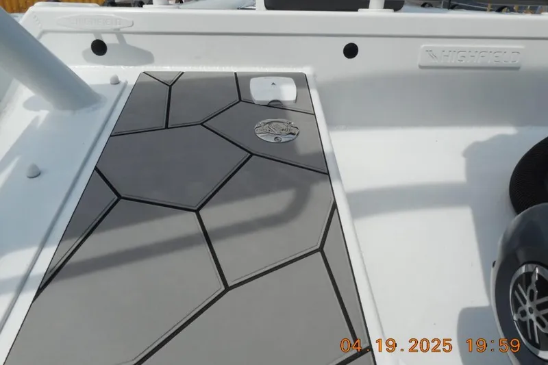Slide: The Image of Highfield Sport 760 boat deck with geometric design, 2025 model. - 6