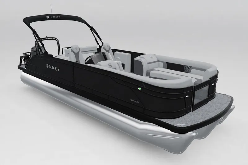 The Image of 2027 Godfrey Monaco 23' Tritoon with sleek black design and spacious seating. - 0