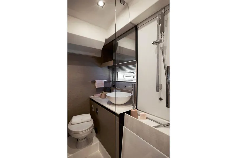 Slide: The Image of Luxurious bathroom on a 2021 Prestige 420 yacht. - 18