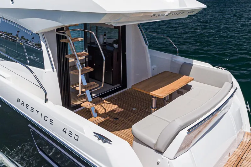 Slide: The Image of Rear view of a 2021 Prestige 420 yacht with seating area. - 5