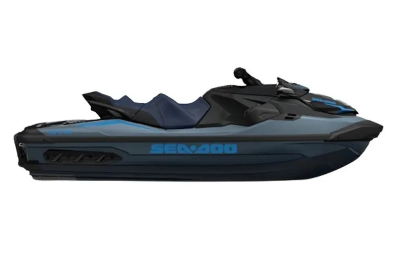 Slide: The Image of 2026 Sea-Doo GTX 170 jet ski, sleek design, side view, blue and black color scheme. - 25