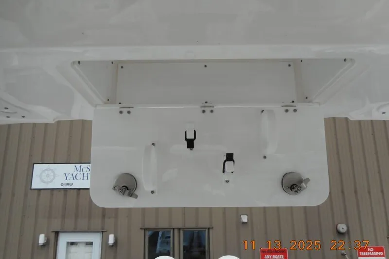 Slide: The Image of 2025 Sea Fox 288 Traveler boat underside view with mounting hardware. - 29