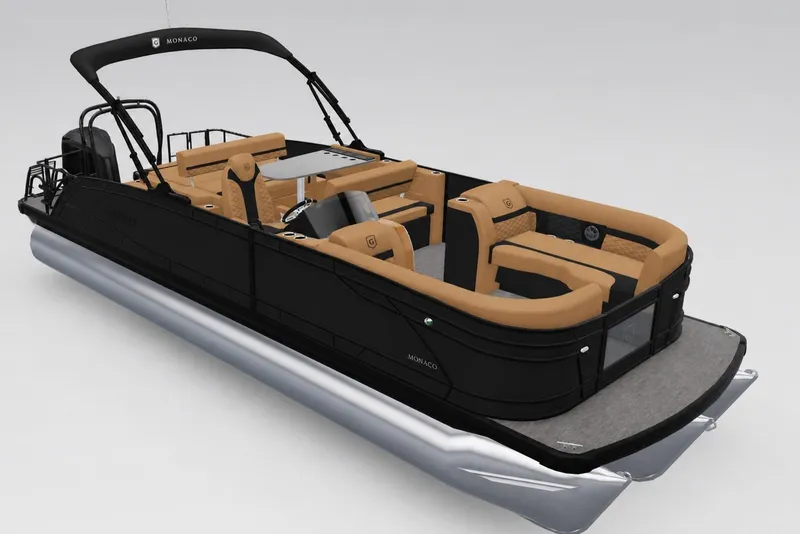 The Image of 2027 Godfrey Monaco 25' Tritoon with mid-table flip lounge, sleek black and tan design. - 0